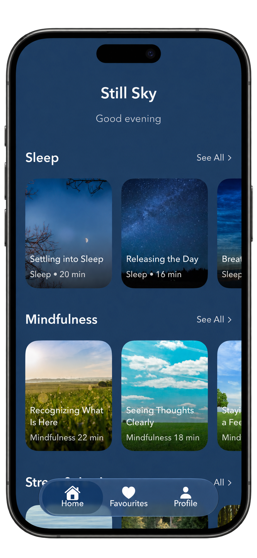 Still Sky app Home screen showing meditation categories